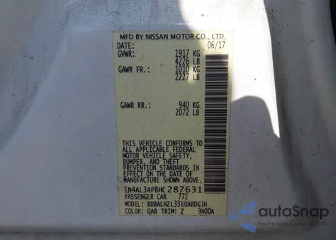 2017 Nissan Altima 2.5 Sr z USA, uszkodzony, nr VIN 1N4AL3AP8HC287631